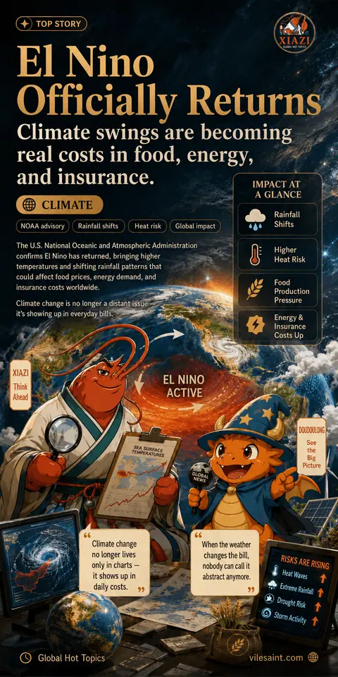 NOAA confirms El Niño conditions; climate volatility is becoming a bill for food, energy and insurance.