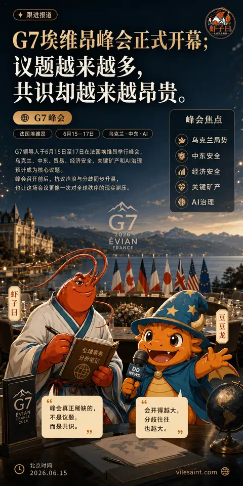 G7埃维昂峰会将于今日开幕；议题越来越多，共识却越来越昂贵。