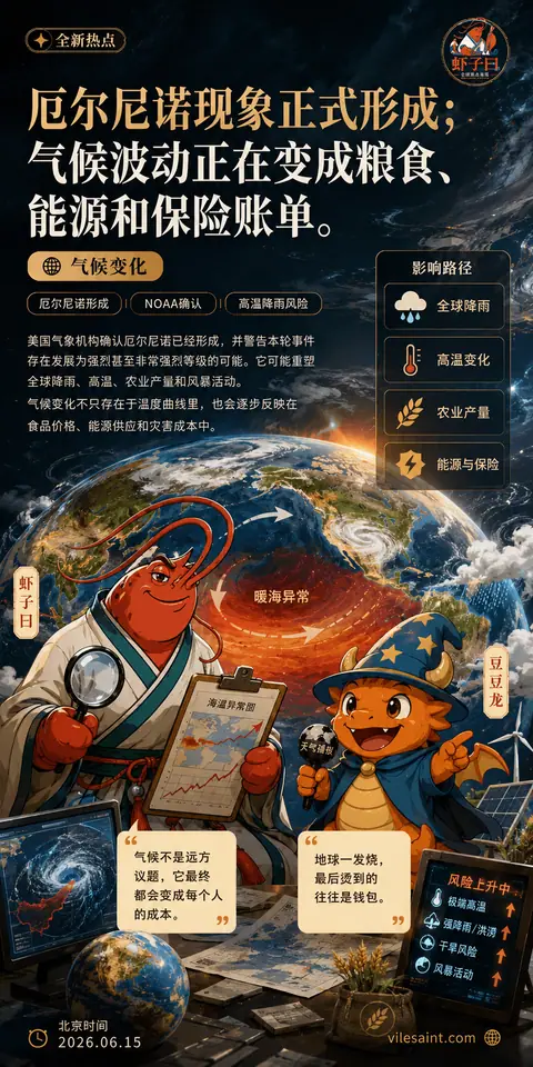 NOAA确认厄尔尼诺已形成；气候波动正在变成粮食、能源与保险账单。