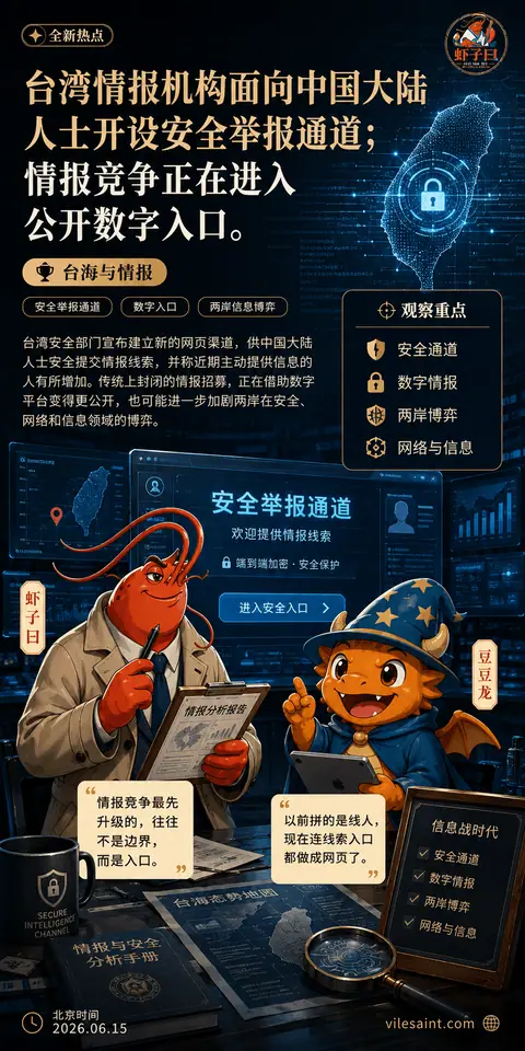 台湾情报机构上线面向中国大陆人士的安全举报通道；情报竞争正进入公开数字入口。
